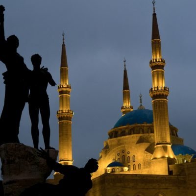 Shot of the Martyrs' monument in front of the Mohammad Al-Amin Mosque, Beirut, Lebanon