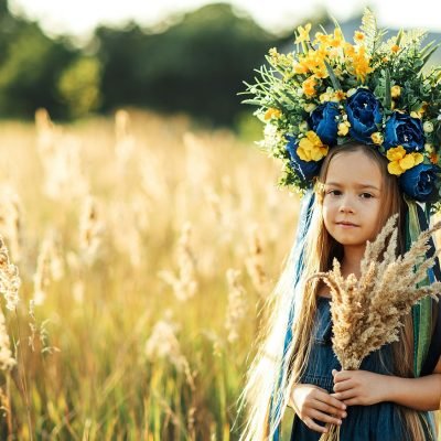 Ukrainian child girl with yellow and blue flag of Ukraine. flag symbols of Ukraine